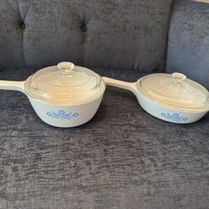 Bundle! Corningware Blue Cornflower set of two vintage skillet pans with lids